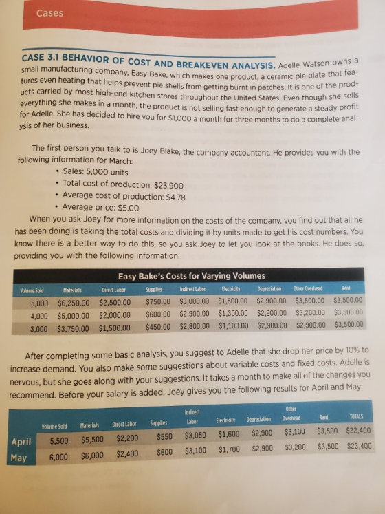 Cases ANALYSIS. Adelle Watson owns a CASE 3.1 BEHAVIOR OF COST AND BREAKEVEN ANALYSIS. Adelle small manufacturing company, Ea