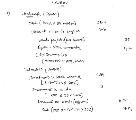 Solution Lembaugh (Issuer) cash (102% x 35 million) 35.7 Discount on bonds payable 3.8 Bonds payable (face amount) Equity - s