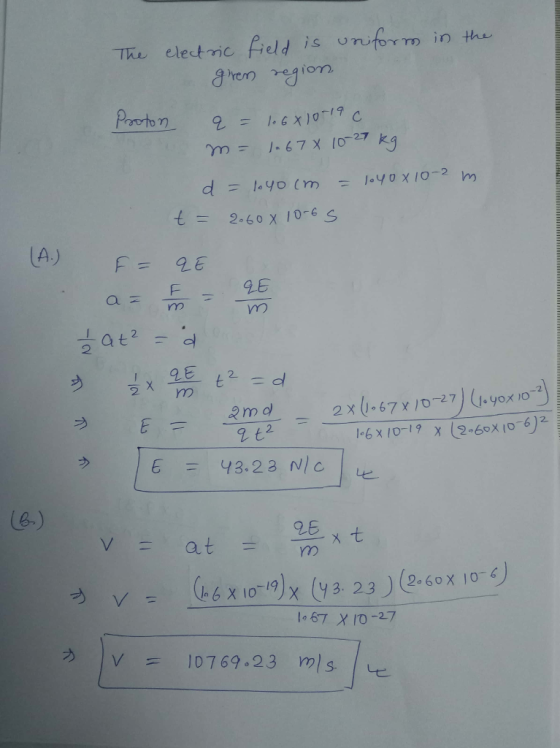 The eletric reld is ufor m in the arem giom 7m÷ 1.67 X 10-27 kg d !.yo (m- 1-vox10-2 m 2。60 x 10-6 s 2E rmm at d 2 2 ヲ 2 t2