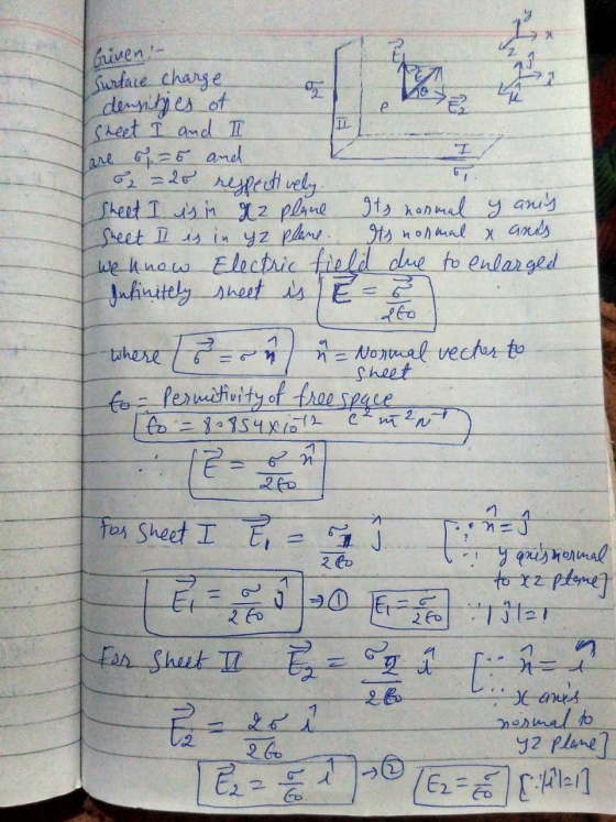 briven! - Surface charge density es of I sheet I and I a are 6.5 and 32 =20 respectively. Sheet I is in x z plane. Its normal