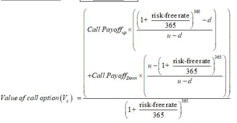 365 1+ -d Call Payoff risk-free rate 365 u-d 365 --{1+ risk-freerate 365 u-d +Call Payoff Don Value of call option (V.) 365 r
