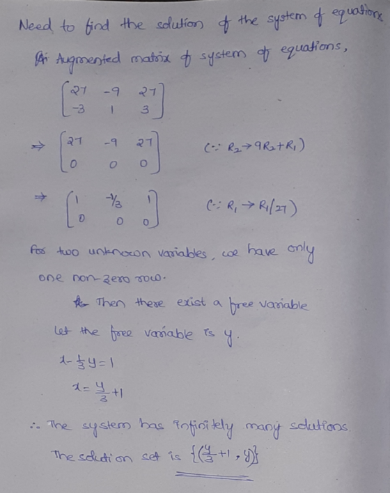 Need to find the solution of the system of equations Sari Augmented matrix of system of equations, -9 27 [ 27 -3 31 1 3 27 -9