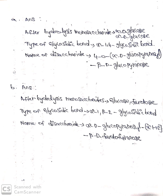 a: Ans :. After hydrolysis monosaccharideset lucose Type of Glycosidic bondy of 114-glycosidic bond. Name of disaccharide 4.0