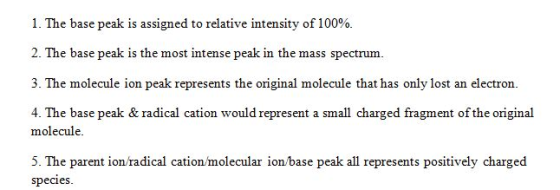 I. The base peak is assigned to relative intensity of 100% 2. The base peak is the most intense peak in the mass spectrum 3.