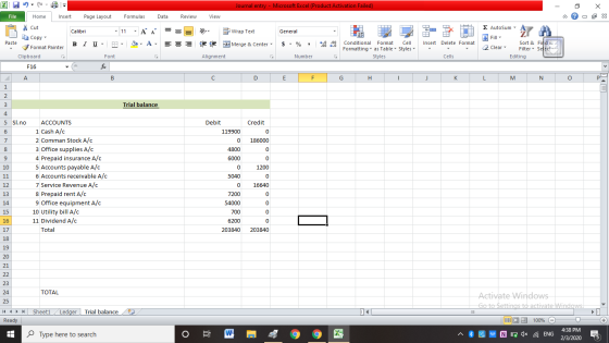 Journal entry - Microsoft Excel (Product Activation Failed) - 2 X 2 x File Home Insert Page Layout Formulas Data Review View