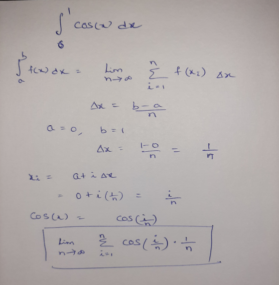 scasco casa de f(x) dx = wat Lim } no f (xi) ar EW.J i=1 AR bo a a=0, b = 1 4x = = st Xi at i ar oti(t) 음 Cosla) cos È cos (