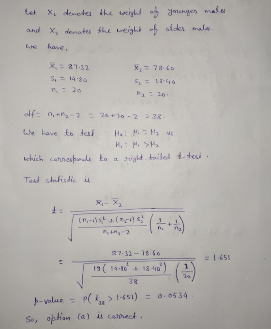 let X, denotes the weight of and X₂ denotes the weight of we have. younger males alder males. X=87.32 S. a 14.80 no - 20 X2 =