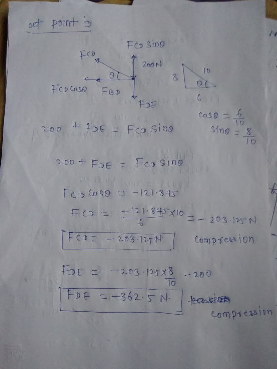 at point FC Sino Pol 200N 8 FCocoso FBD FDE 6 ) coso = 6 10 200 + FDE = Fco sino sino = 8 200+ FDE = Frosino Fco Coso = -121.