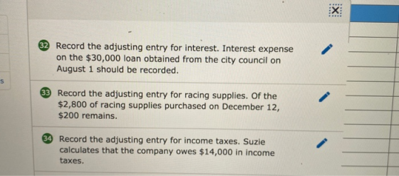 32 Record the adjusting entry for interest. Interest expense on the $30,000 loan obtained from the city council on August 1 s