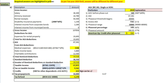 Required answers are highlighted in yellow: As per Tax year 2019 limit, answer will be different for different year: Solution