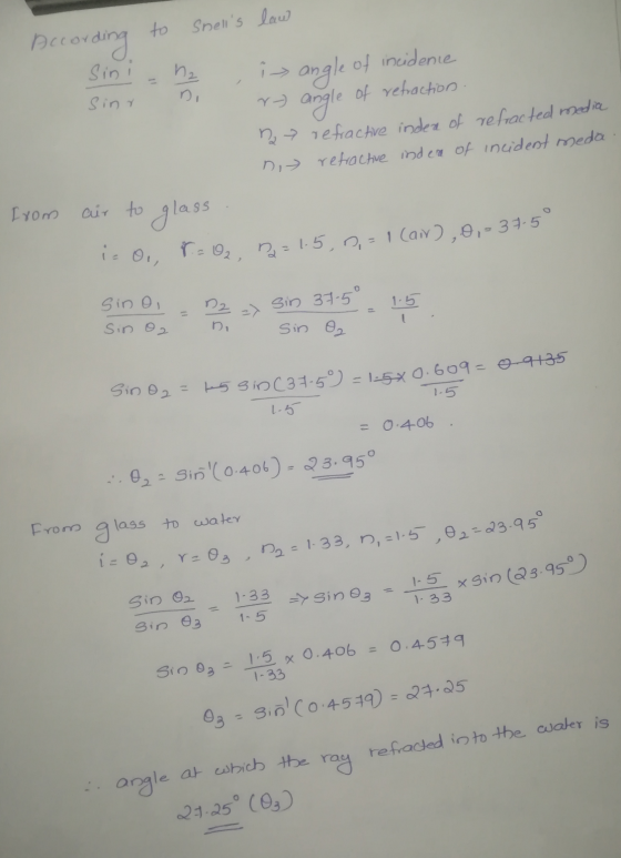 r = 0, D = 1.5, 0,= 1 (ar),0,- 37-5° to Shells law According sini hz Siny ni r) is angle of incidence angle of refraction. 2
