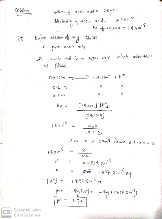 Solution solution: A @ . volume do acehi acid = 25ml. Molasity of acetic acid= 0.200 M 1. Ka of chocoon = 1.8xions before add