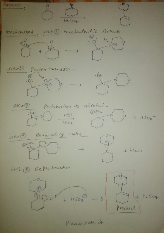 Answer H2SO4 mechanisms step Nucleophilic Attack. 0 H NH) N steb@ Proton transten. :OH steb Protonation of O alcohol. 2012 애