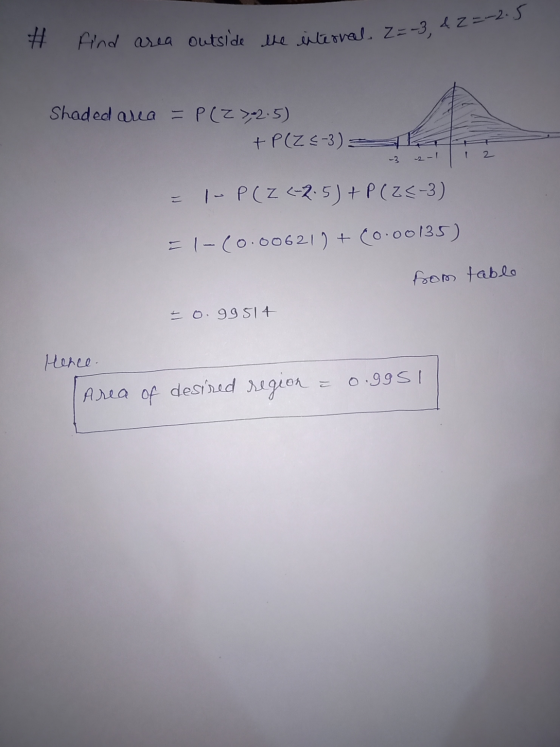 # find area outside the external Z=-3, & terval. Z=-3, &z=-2.5 Shaded area = P(Z > 2.5). + P(Z <-3) = -3 2- 1 2 = 1- P(Z <-2-