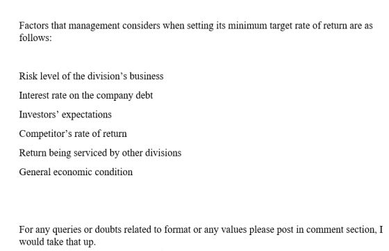 Factors that management considers when setting its minimum target rate of return are as follows: Risk level of the divisions