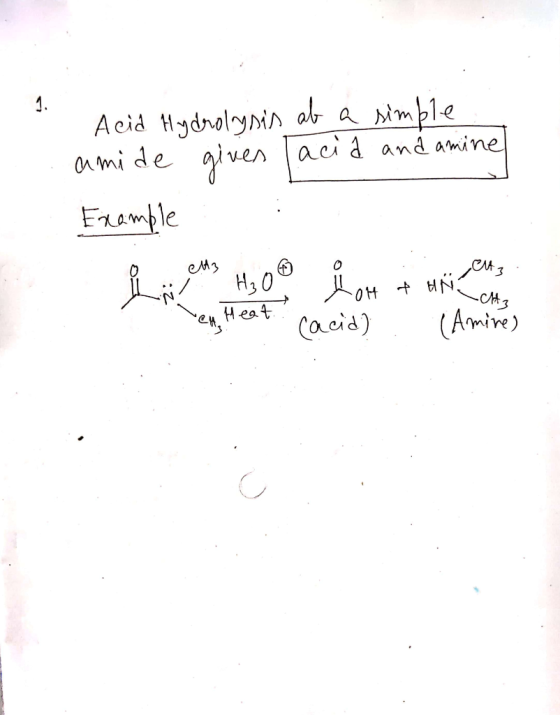 Acid Hydrolysis ab a simple amide given acid and amine Example 0 en Heat elta tom + Un (acid) (Amine)