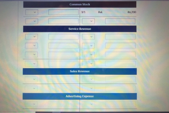 Common Stock 3/1 3/1 Bal. Bal. 86,200 Service Revenue Sales Revenue Advertising Expense