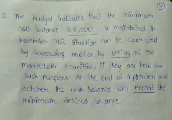 2. The budget indicales thal the minimum fe maintained cash balance $51,000 November. This Stuation Can be Coteded by honvowi