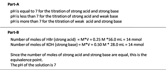 Part-A pH is equal to 7 for the titration of strong acid and strong base pH is less than 7 for the titration of strong acid a