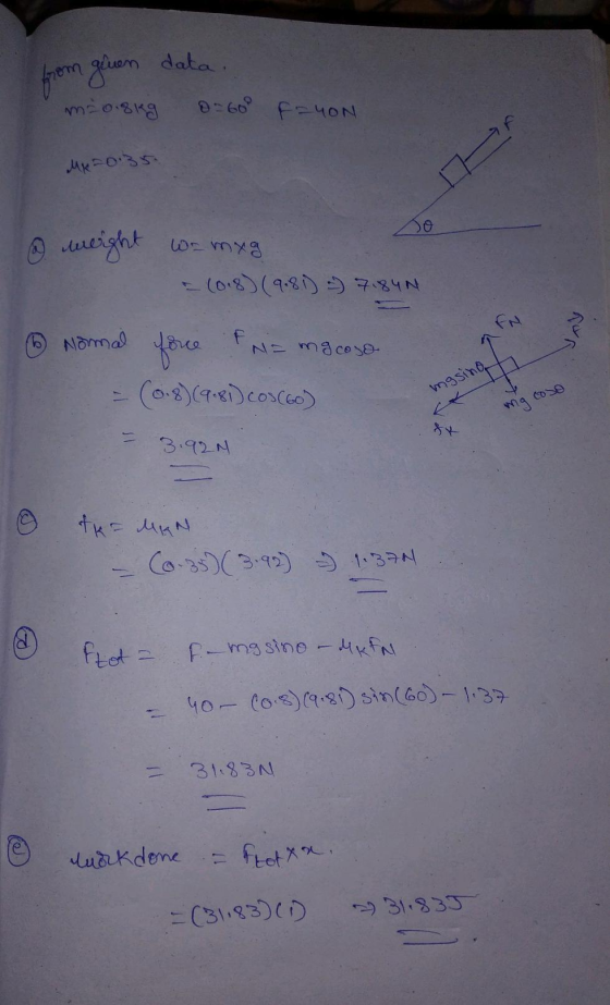 from gluen m20.8kg data. 0-600 F-YON Mp=0.35. @ weight wa mag - (0.8) (9.81)= 7,840 - Normal force fwa macoso - (0.8) (9.81)