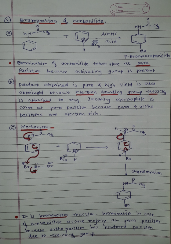 Date Page BTOmination 4 acetanilide ИN H N Ace tic acid P-bromaacea Brominatim acetanilide takes place at Position be cause p