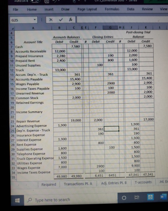 AutoSave 9 3 Eerdrud ULU VEU File Home Insert Draw Page Layout Formulas Data Review View G25 B C E F G H L Closing Entries De