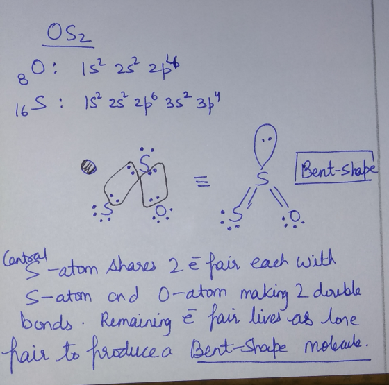 OS2 80: 15² 253 204 165: 15² 25 266 35² 314 Bent-shape Central atom shares 2 ē fair each with s-atom and o-atom making 2 dore