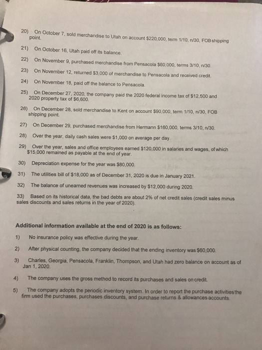 20) On October 7, sold merchandise to Utah on account $220,000, term 1/10, 1/30, FOB shipping point 21) On October 16, Utah p