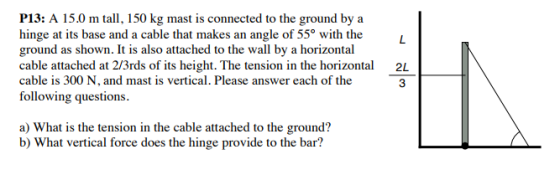 P13: A 15.0 m tall, 150 kg mast is connected to the ground by a hinge at its base and a cable that makes an angle of 55° with the ground as shown. It is also attached to the wall by a horizontal cable attached at 2/3rds of its height. The tension in the horizontal cable is 300 N, and mast is vertical. Please answer each of the following questions. 2L a) What is the tension in the cable attached to the ground? b) What vertical force does the hinge provide to the bar?