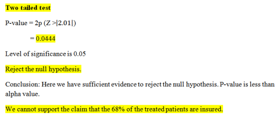 Two tailed test P-value = 2p (Z >|2.011) = 0.0444 Level of significance is 0.05 Reject the null hypothesis. Conclusion: Here