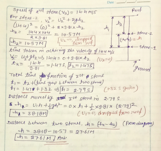 Date - - Revol speed of and stone (V2) = 14.4 M15 for stone-2, 12 = U2² +2ghz (14.4)2 = (0) ²+2x9.81 x ch2 ha= 14.4x144 = 10.