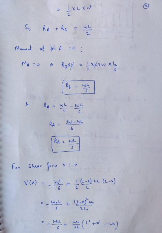 IXL x W So, RA + Re = WL Moment at bt. A MA = 0 RanX xXxw xL %3D RB WL %3D RA - WL 6. 3L - WL RA = 6. RA - WL for Shear fovu