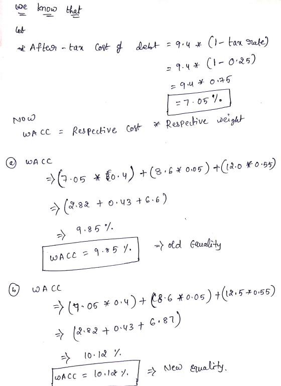 2.82 +0.437. we know that leb * After - tan cost of debt = 9.4*(1-tax rate) - 9.4* (1-0-25) = 9.4 * 0.75 57.05% Now * Respect
