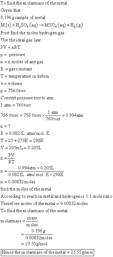 To find the molarmass of the metal Given that 0.196 g sample of metal M(s)+H,80, (aq) →M50(aq) +H2() First find the moles hyd