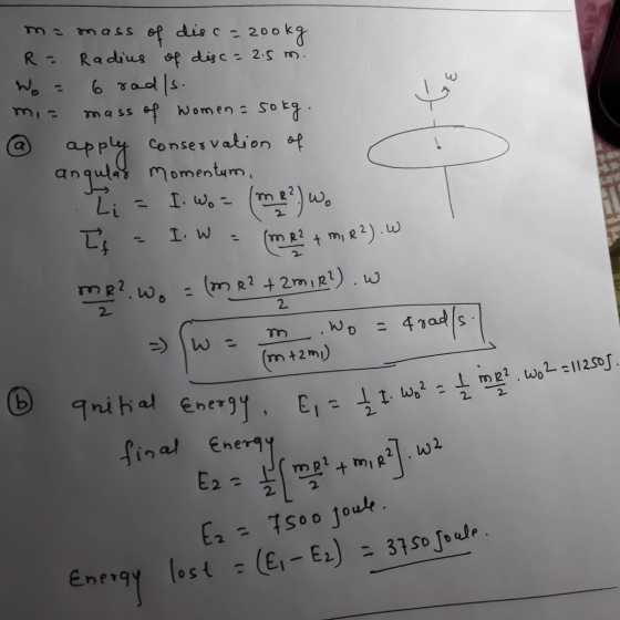 R Radius of disc- 2.s m Lu mに mass at women: Sota anqwas momentum - (m R2 m2) 2. (m +2m) her l Energ Enerq