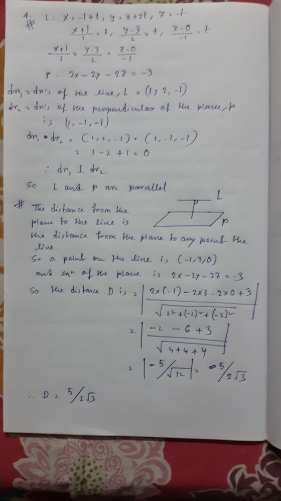 4 1:X-1+t, y, 3+21, ret 2 4. Y.. 27-27 -22 = -3 Idro, a dris of the line, La (1,2-1) dre adas of the perpendicular of the pl