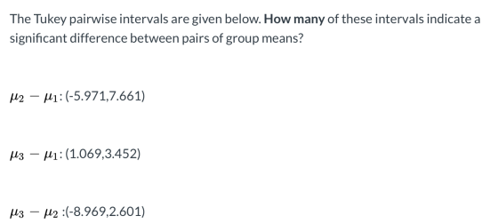 The Tukey pairwise intervals are given below. How many of these intervals indicate a significant difference between pairs of