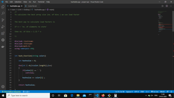 File Edit Selection View Go Run Terminal Help hashtable.cpp -project-api - Visual Studio Code X fo E- hashtable.cpp X E Color