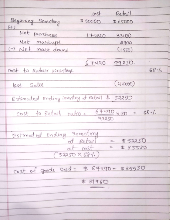 cost $ 50000 Retail D 65000 Beginning Inventory Net purchases net markups (-) Net mark downs ituao 33100 2700 (lsso) 6 7490 9