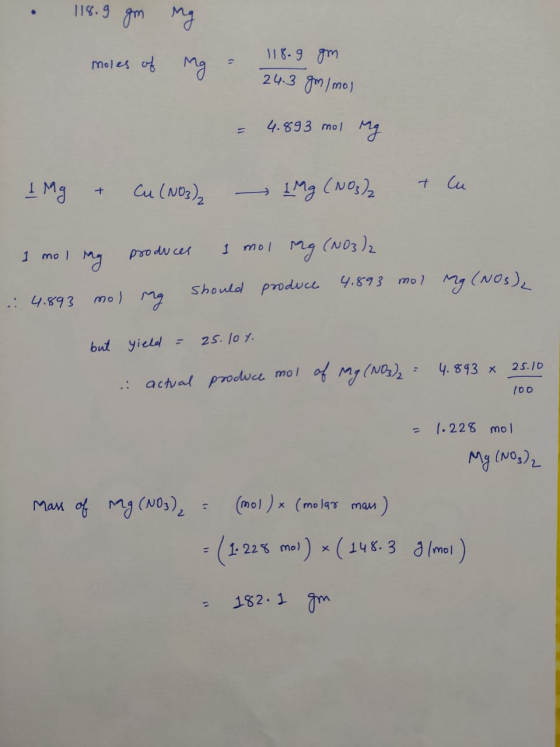 118.9 m 18-9 7m Moles of MO 24.3 mImo) 4.893 mol 1 Cu (Nos)2 (NO3)2 1 mol Proo du ces 1 mo should produce 9.873 mo My (NOs),