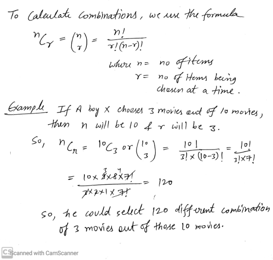 Cr= (2) no r= To Calculate combinations, we use the formula n! r!(n-1)! whore n= ofitems no of items being chosen at a time.