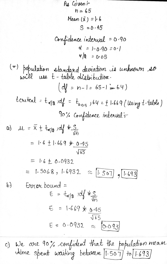 = 0.05 As Given n = 65 Mean (X) =1:6 S = 0.45 Confidence interwal = 0.90 d = 1-0.90 -0.1 ala (o) population standard deviatio