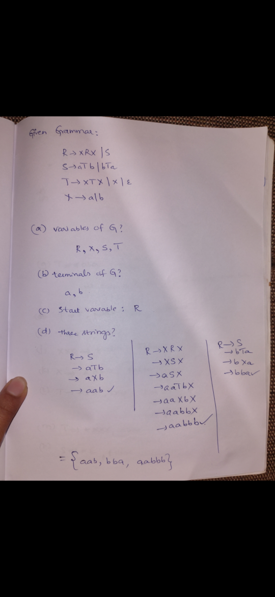 Given Grammar: RX RX IS Stał blbła Т-xтx |x| X alb (a) variables of G? R, X, S,T (6 teeminals of G? aab. (C) Stact variable: