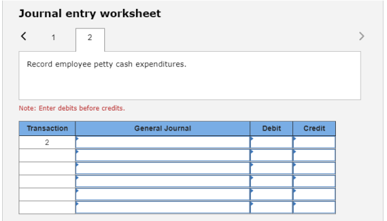 Journal entry worksheet Record employee petty cash expenditures. Note: Enter debits before credits. Transaction General Journ