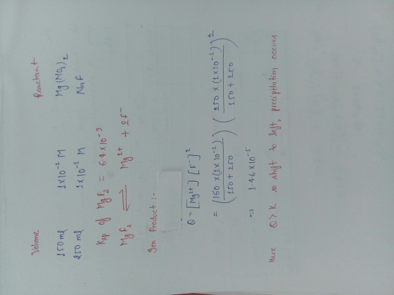 Volume Reactant Mg(NO3)₂ Naf 150 me 1x10-2M 250 ml 1x 10-7 M Kap of Mg F2 = 6.4810-9 MgF2 - Mg 2+ + 24 Ion Product :- 0 - [Mg