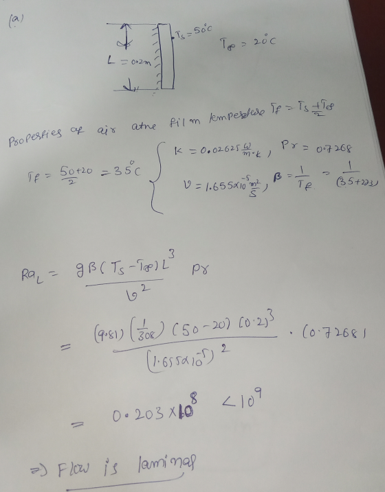 Properties of air (a) I Is=soc Top = 206 L = 0.2m d atne film temperature of a Istis = 0.02625 W mok ) Pr= 0.7 268 1 Те (35 +