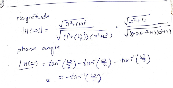 Magnitude H(W)= √2² (w? Ware V014 (123) (72703) VO-2502+1)(032449 phose angle | HOW) - tan() -tar(42) - tar(a) 3 2 . = -tan
