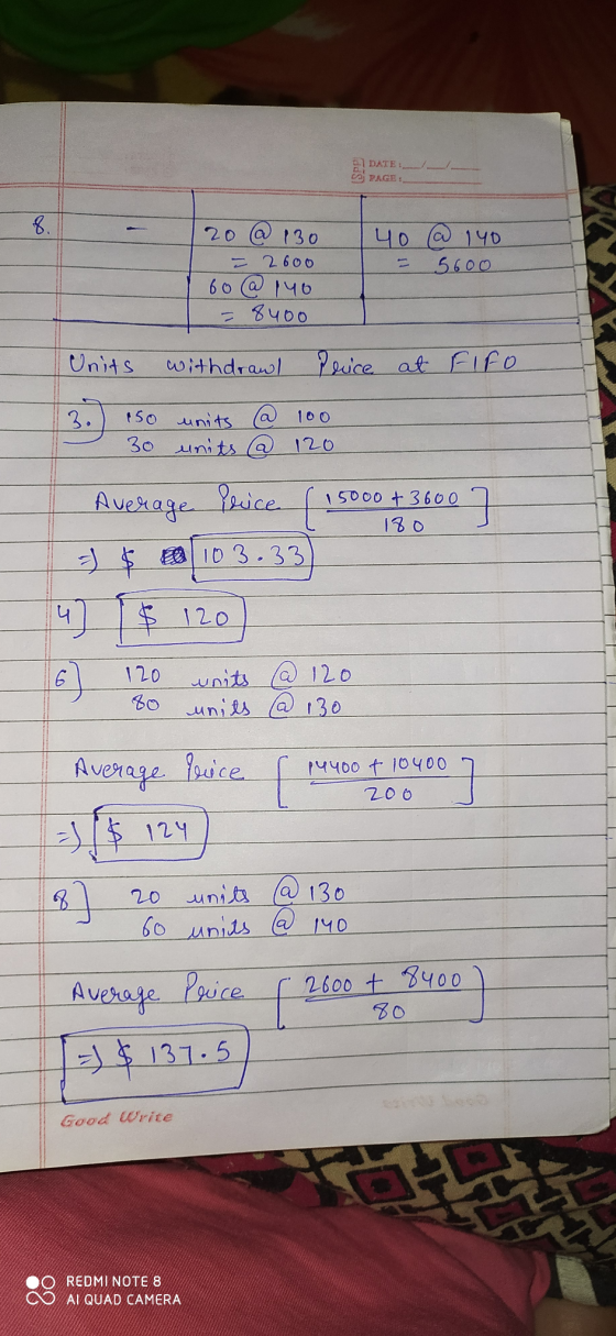 DATE Dj PAGE: 20 @ 130 2600 60 @ 140 84oo 40 @ 140 5600 Units withdrawl Price at FIFO 30 a 150 units 100 30 units @ 120 Avera
