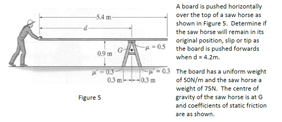 A board is pushed horizontally over the top of a saw horse as shown in Figure 5. Determine if the saw horse will remain in its original position, slip or tip as the board is pushed forwards when d 4.2m. 5.4 m ? 0.5 0.9 m ? = 0.3 The board has a uniform weight of 50N/m and the saw horse a weight of 75N. The centre of gravity of the saw horse is at G and coefficients of static friction are as shown. 0.3 0.3 m 10.3 m Figure 5