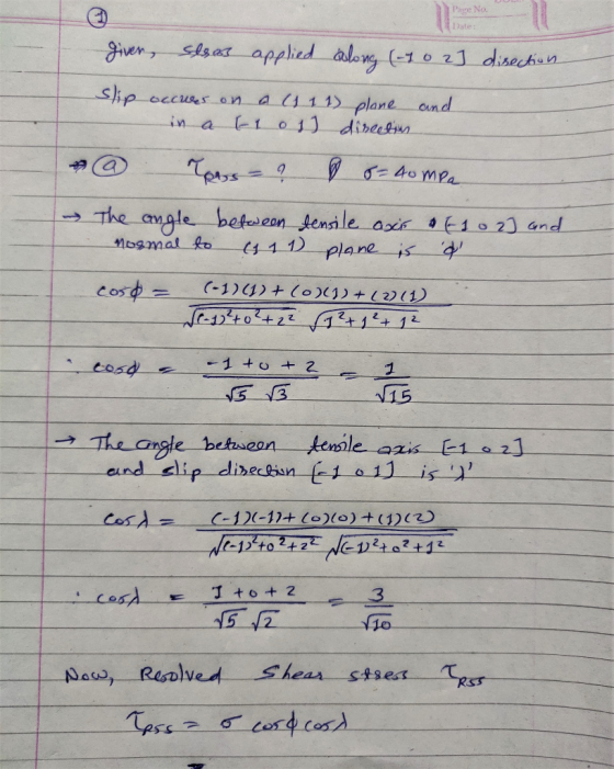 Page No. Date: given,sesat applied aleng (-1o21 diseck Sip occuses on a i1 1) plane cund in a i o 1 dibectwn 40 mPa The angle